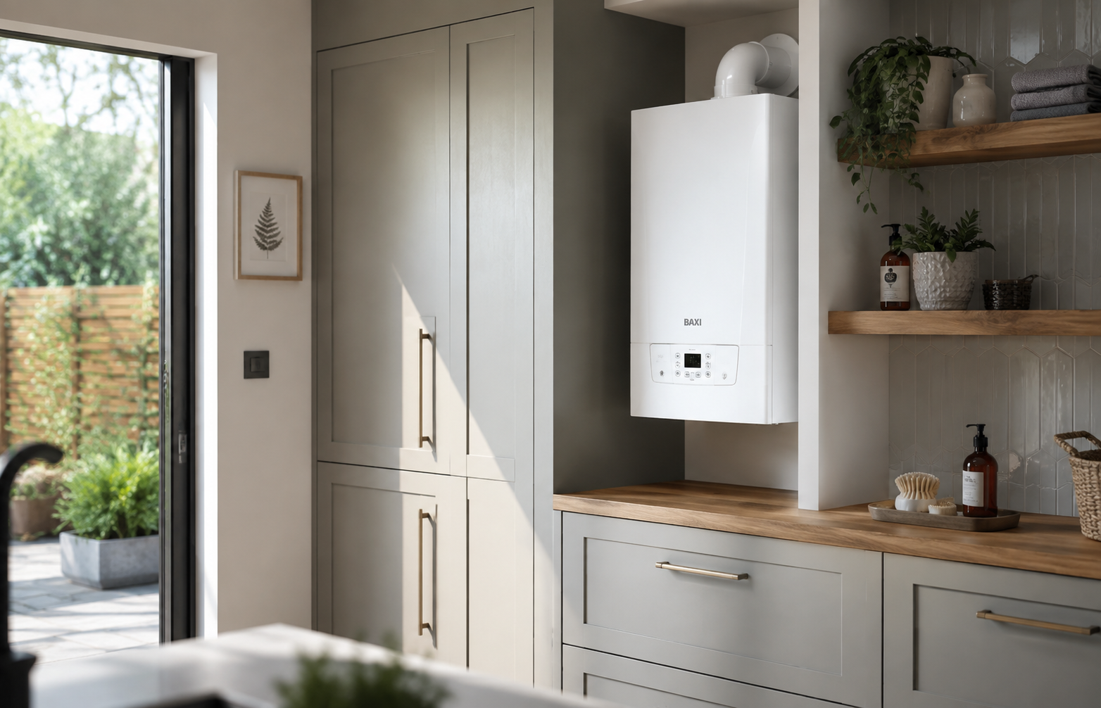 Modern domestic boiler installation in a bright utility space