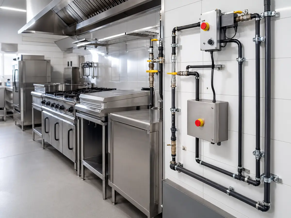 Commercial catering kitchen with visible gas pipework and control equipment