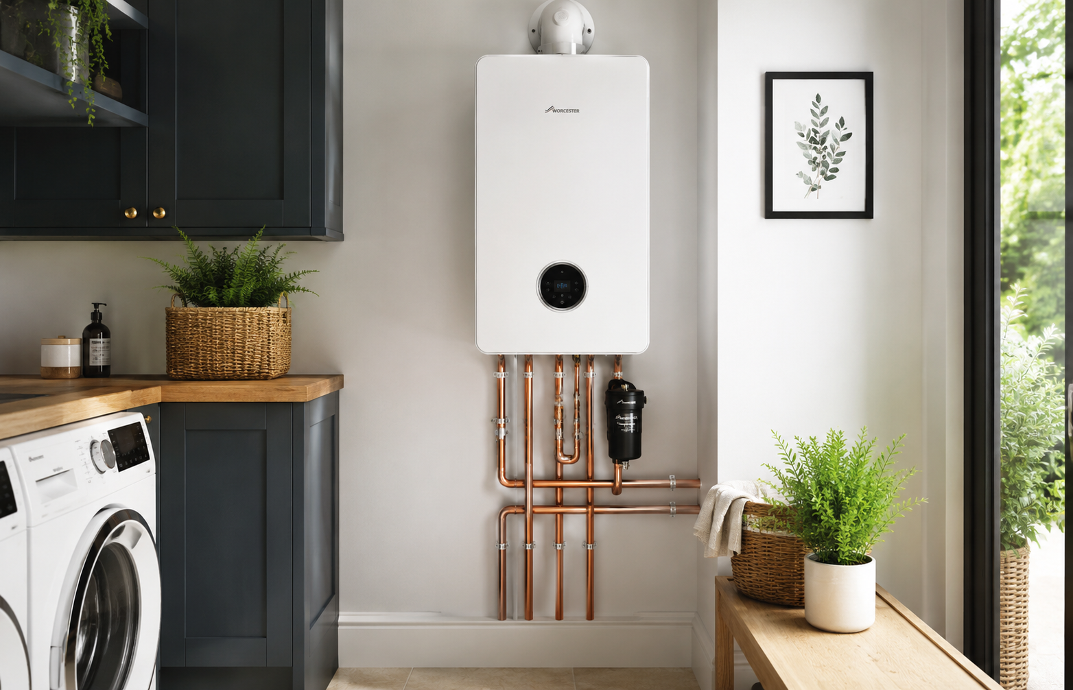 Professional boiler installation in a bright modern utility room