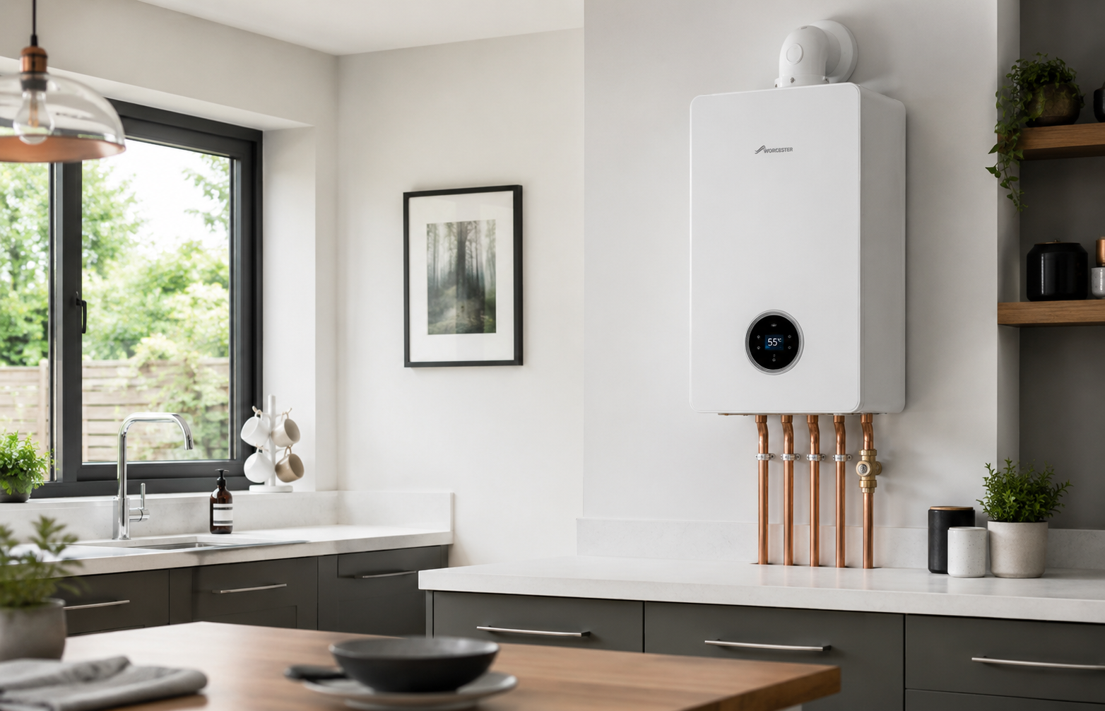 Modern professionally installed boiler in a bright home interior