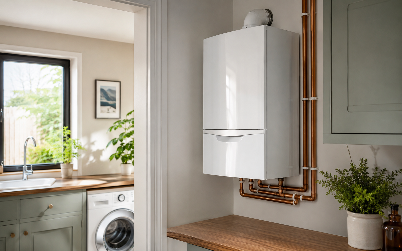 Bright modern utility room with boiler suitable for an LPG heating system